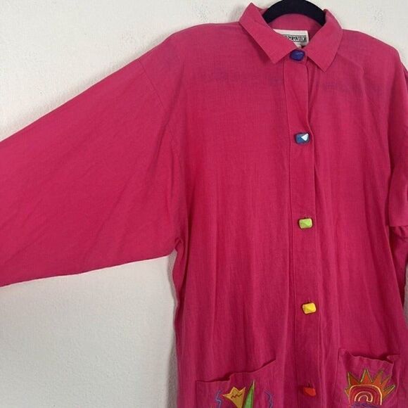 Vintage 80s PETER POPOVITCH Retro Mod Hot Pink Oversized Button Front Blouse Med - Picture 7 of 10